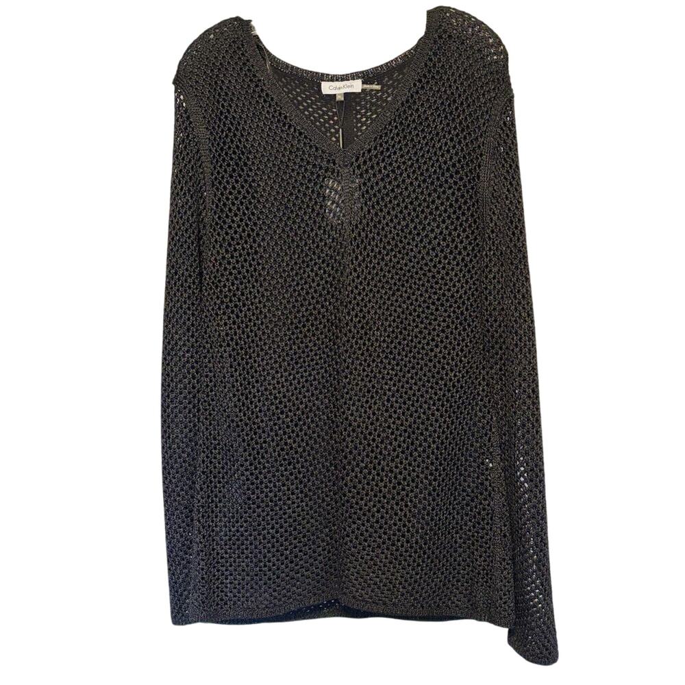 Calvin Klein Women's Open Knit Sweater Black Costal Boho Classic Fall Size XL